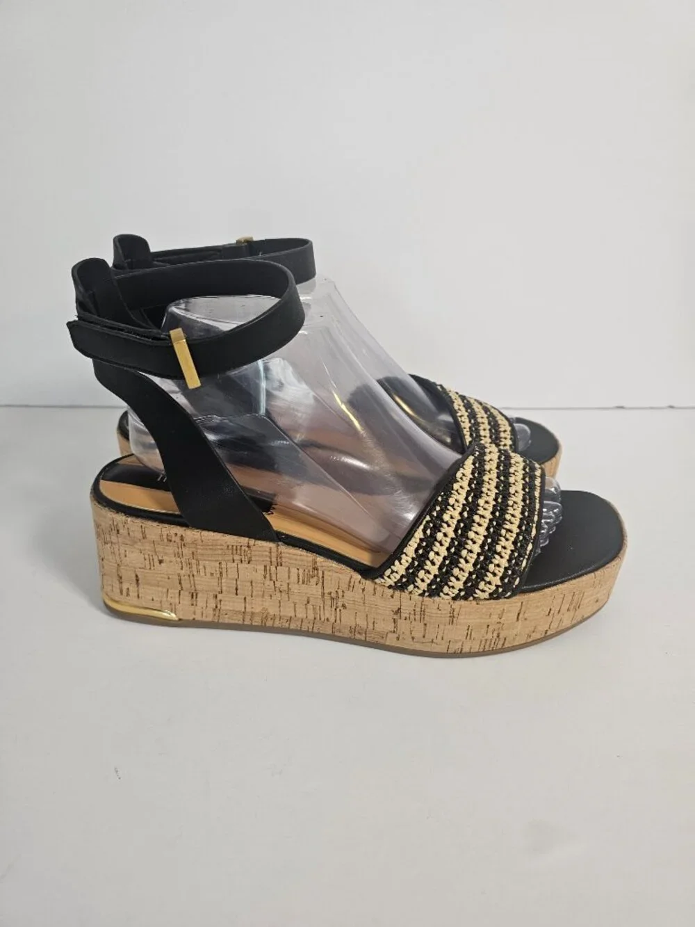 Franco Sarto Sandals Platform Cork Woven Beach Black Tan 9 - Picture 5 of 12